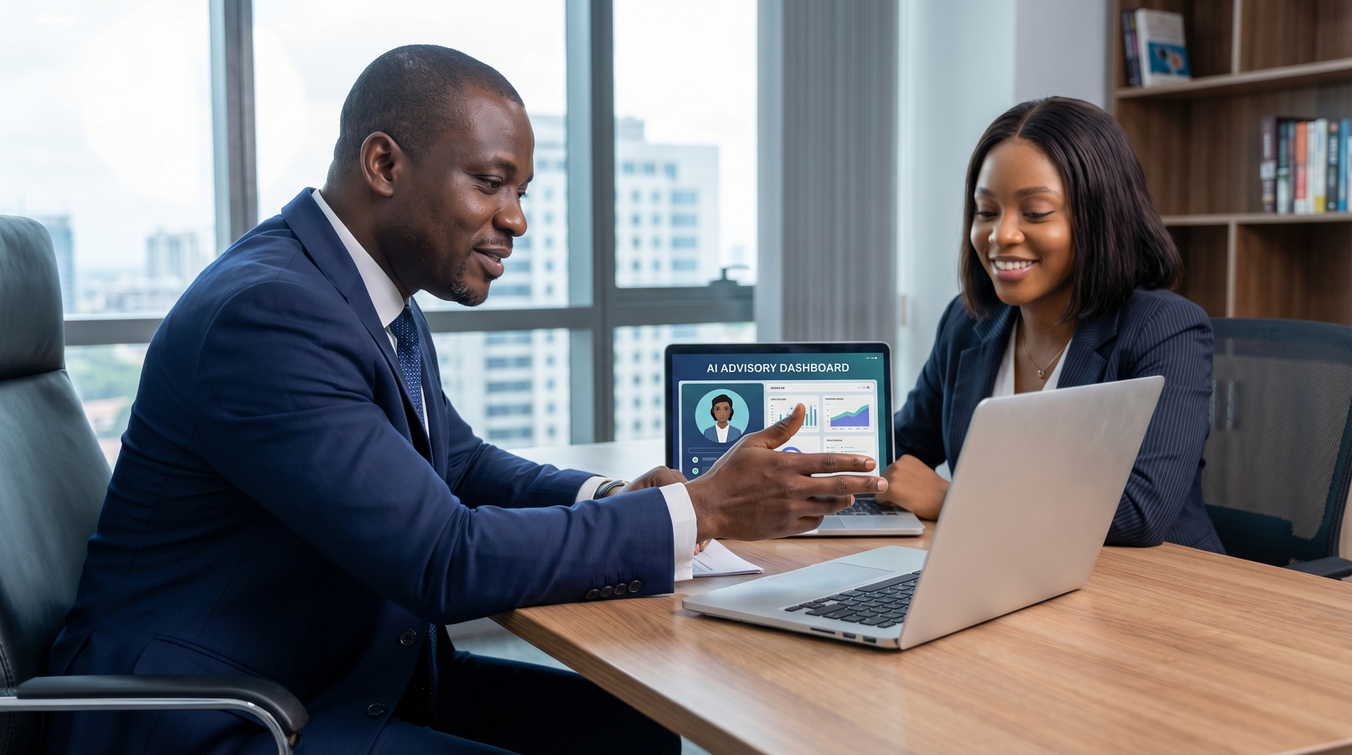 Nigerian professional consulting AI advisor on laptop