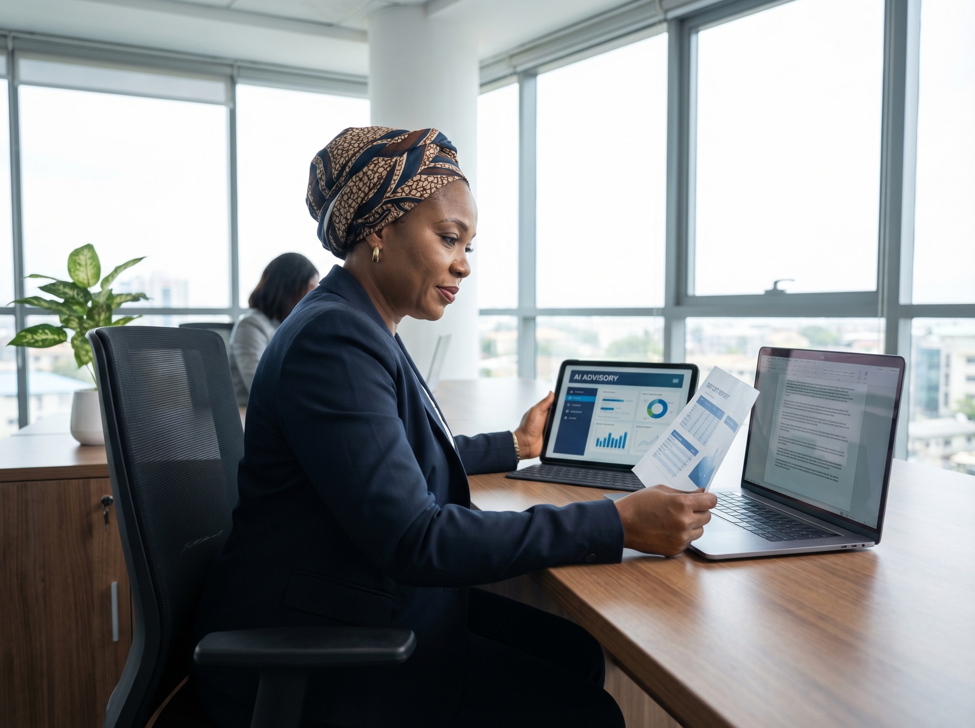 Nigerian businesswoman reviewing AI advisory answers